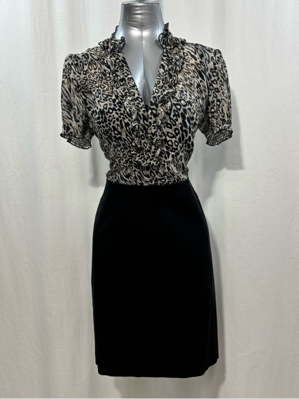 Denver Hayes Black Pencil Midi Dress with Beige & Black Leopard Top XL 508